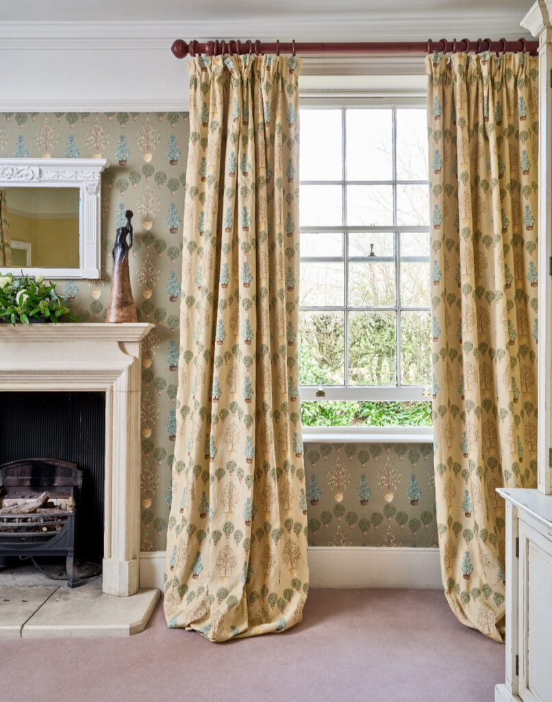 Potted Tree Garden in Gold on Ivory Linen