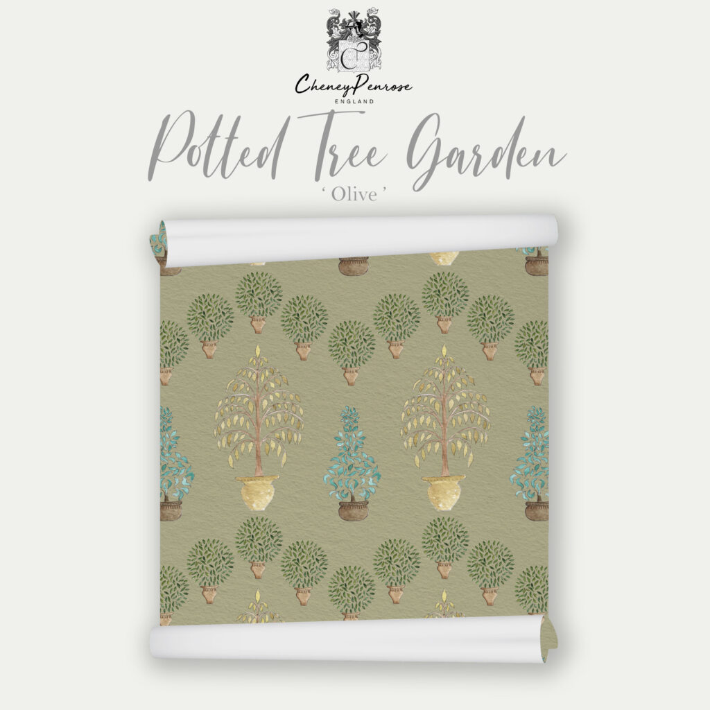 Potted Tree Garden in Olive Eco Wallpaper