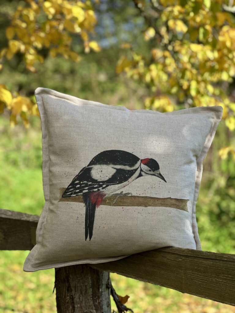 Grey Spotted Woodpecker Oxford-Edged Linen Cushion