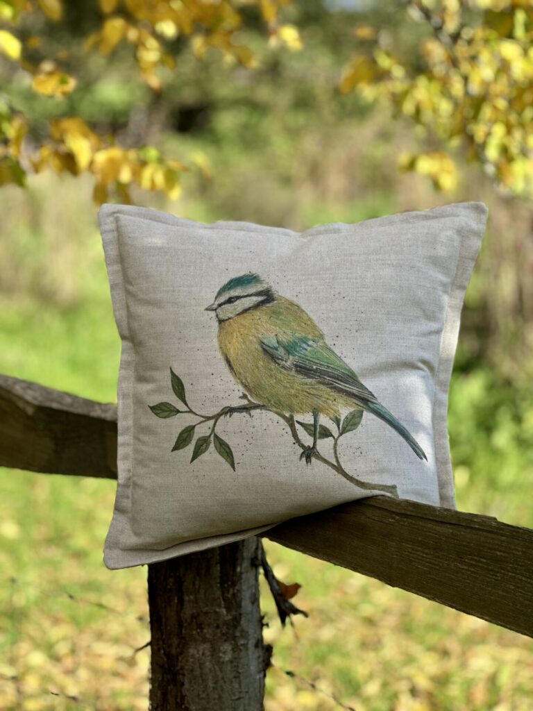 Blue Tit Oxford-Edged Linen Cushion